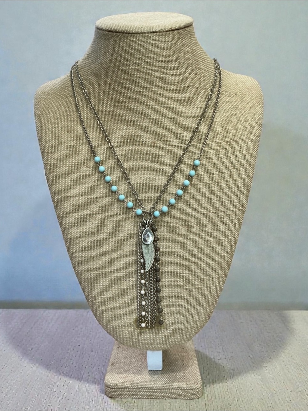 Layered Turquoise Bead and Tassel Pendant Necklace - Women Jewelry